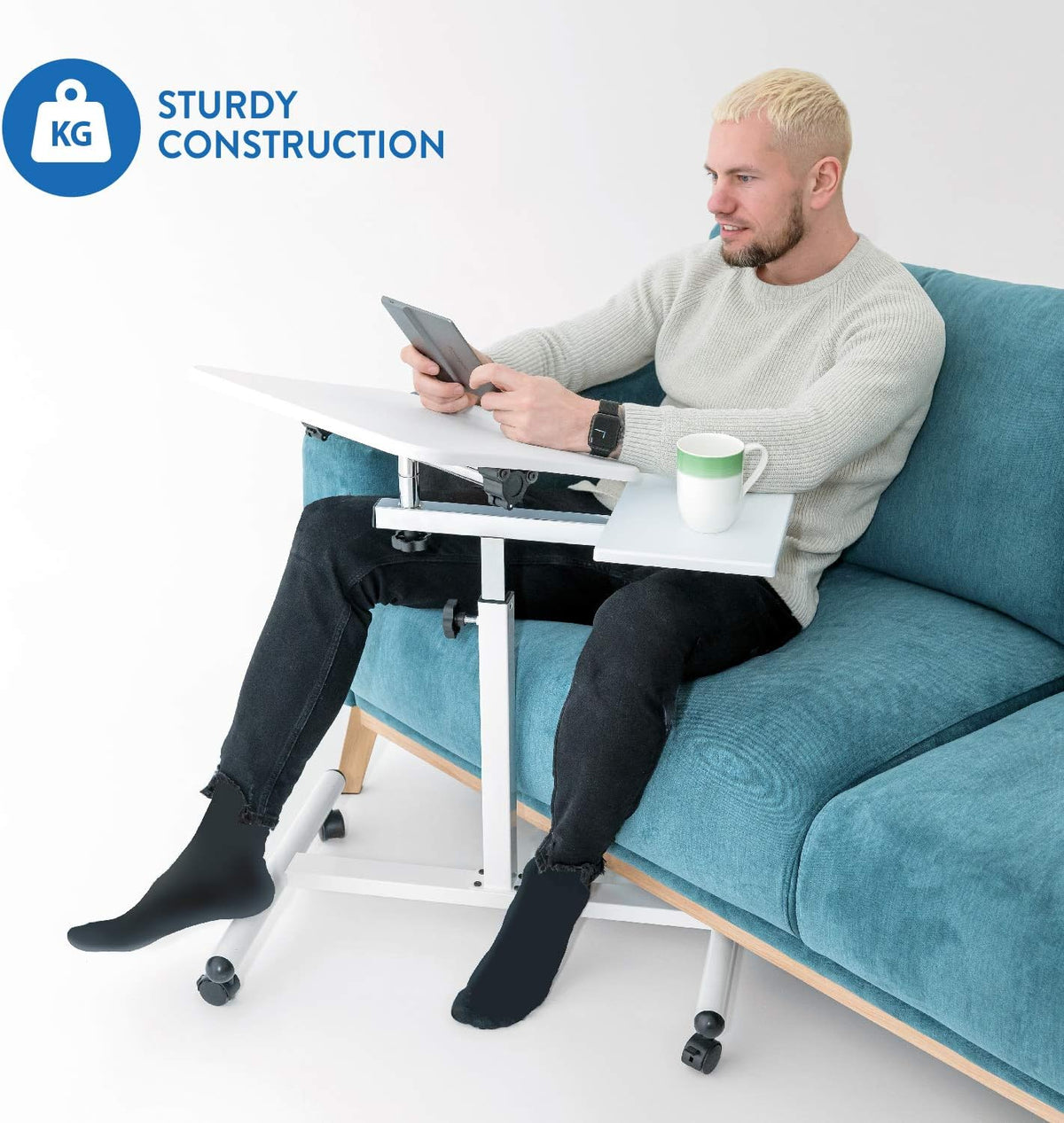 Tatkraft Bianca Ergonomisch Stijlvol Verplaatsbaar Laptopstandaard Bureau met muisbord op wielen, verstelbare hoogte van 72-110 cm, 360 ° draaibaar en 160 ° kantelbaar voor handig staand en zittend werken, Geschikt voor 7-17 '' laptops, Stevig elegant ont