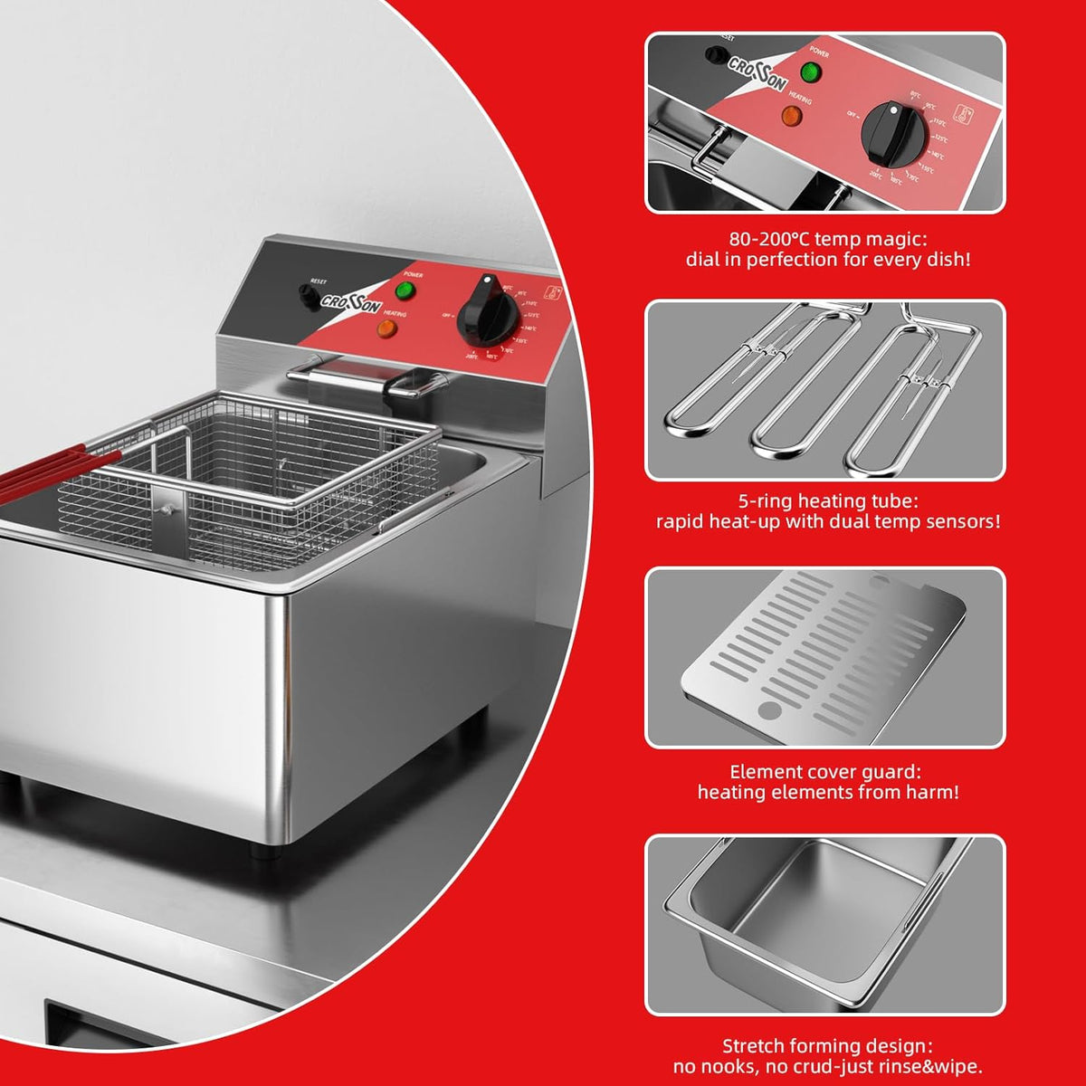 CROSSON Elektrische Friteuse 6L,230V/3000W Elektrische Friteuse met Mand en Deksel,Temperatuurregeling 80-200°C,voor Restaurantkeuken
