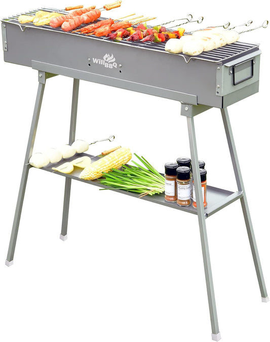 WILLBBQ Commerciële kwaliteit draagbare houtskoolgrills meerdere maten Hibachi BBQ lamspies gevouwen camping barbecue grill voor tuin achtertuin feest picknick reizen buiten koken gebruik (80 x 18 x