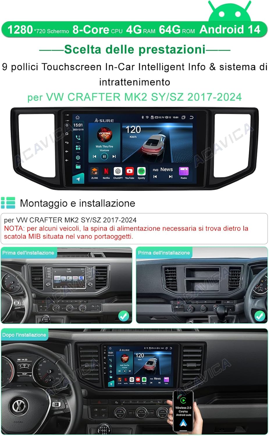 4 + 64 GB Android 14 autoradio voor VW Crafter MK2 SY/SZ 2017-2024 8-core 10,1 inch auto mediaspeler stereo met geïntegreerde GPS-navigator Bluetooth Wireless Carplay
