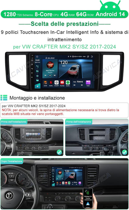 4 + 64 GB Android 14 autoradio voor VW Crafter MK2 SY/SZ 2017-2024 8-core 10,1 inch auto mediaspeler stereo met geïntegreerde GPS-navigator Bluetooth Wireless Carplay