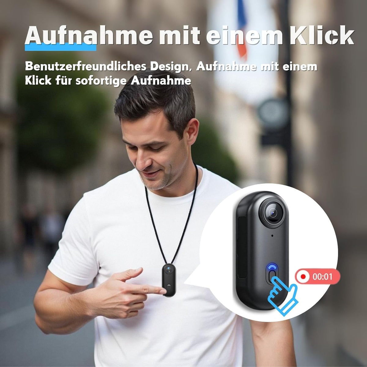 4K Actiecamera, duim actiecamera, klein formaat, overal te monteren, kleine lichaamscamera met veerclip, draagbare vlogging, handsfree POV-opname, helmcam voor fietsen, motorfiets (4K-128G)