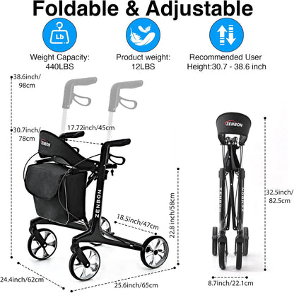 Roltor Walker | Met zitting | 150 kg draagvermogen | 4 grote wielen | lichtgewicht koolstofvezel ondersteuningsframe | dubbele handremmen | In hoogte verstelbaar | Voor volwassenen/senioren
