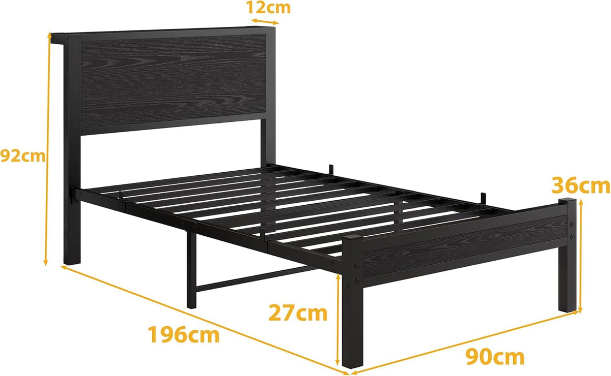 DUMEE Eenpersoonsbedframe met houten opbergplank hoofdeinde, 3FT metalen platform bedframe eenpersoonsbed, geen boxspring nodig, verbeterde ondersteuning, zwart eiken