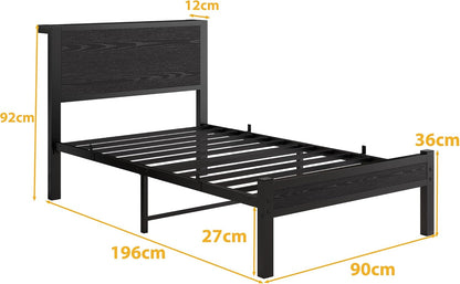 DUMEE Eenpersoonsbedframe met houten opbergplank hoofdeinde, 3FT metalen platform bedframe eenpersoonsbed, geen boxspring nodig, verbeterde ondersteuning, zwart eiken