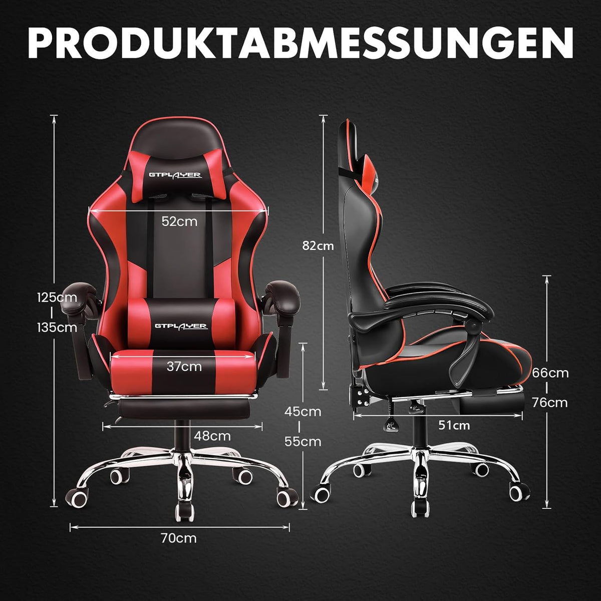 GTPLAYER Gamingstoel, bureaustoel, ergonomische pc-stoel, gamingstoel met massagesteun, task stoelen met voetensteun en hoofdsteun, rood kunstleer