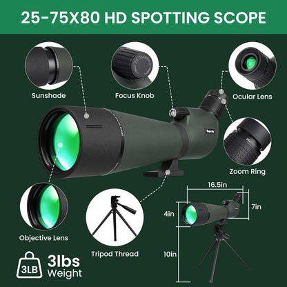 BIBIRE HD-langzichten voor schieten op doel, hoekuitzicht 25-75 x 80 cm, met statief en adapter voor telefoon met lang zicht voor vogelobservatie, wilde dieren en jacht
