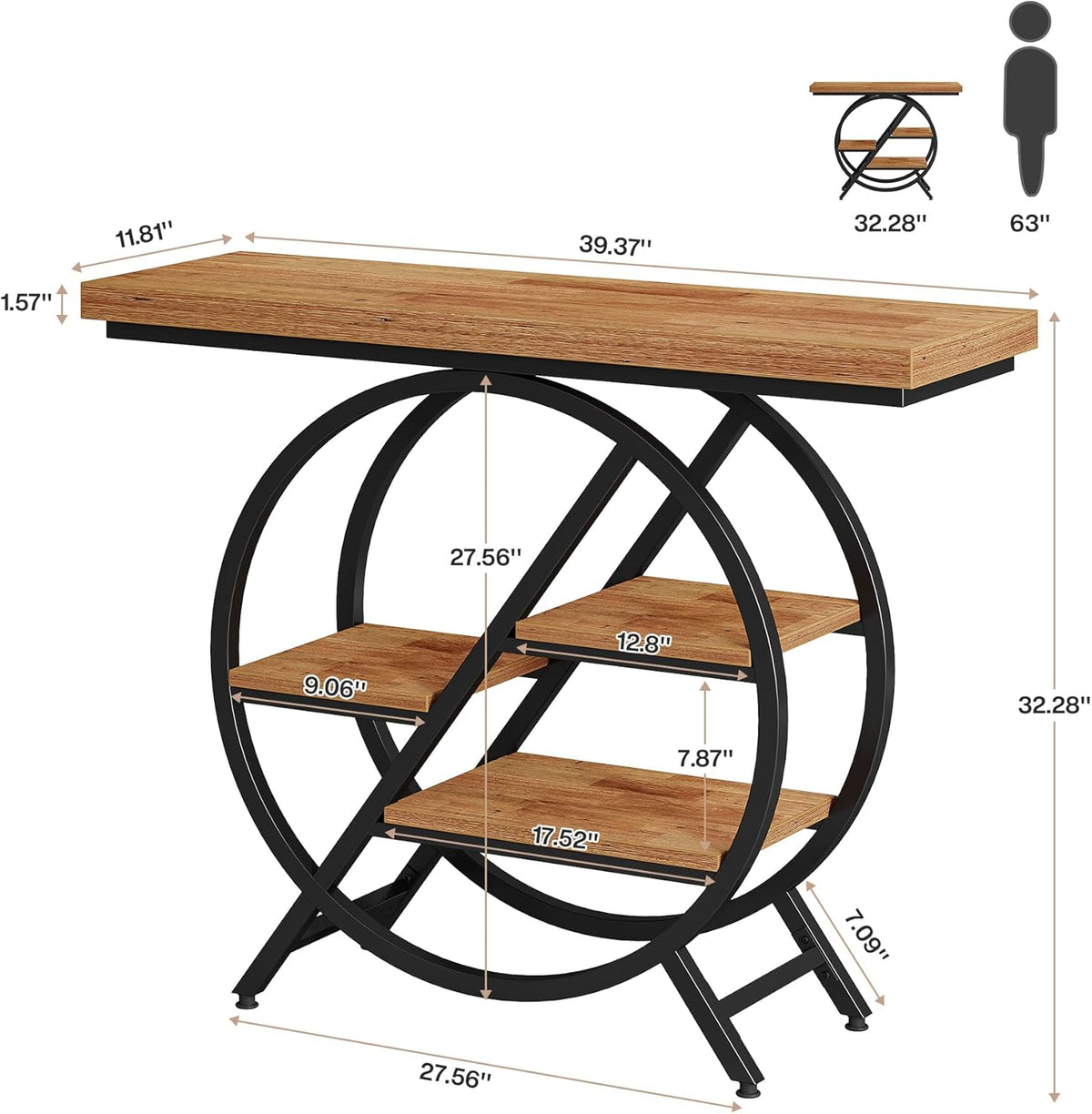 Tribesigns Console Table, 100cm Entrance Table with Thickened Tabletop, 4 Tier Industrial Narrow Hallway Sofa Table with Geometric Metal Frame for Living Room, Entrance (Light Brown)