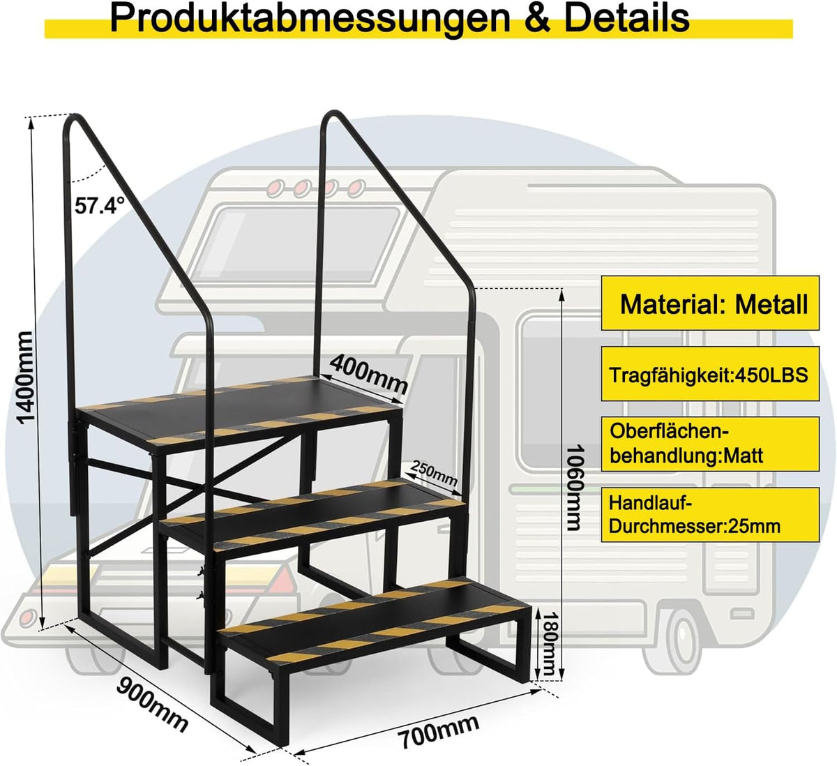 Campertrap, 3-traps, camper, 200 kg draagkracht, voor caravans, camping, met 2 leuningen, antislip opstapkruk, RV steps, reisaanhanger
