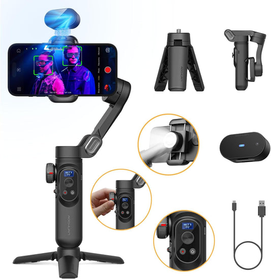 AOCHUAN Gimbal Stabilizer voor iPhone, Gimbal w/AI Vision Sensor voor Face Tracking, 3-assige telefoonstabilisator w/draadloos opladen voor vlog-opname, compatibel met iPhone/Android-Smart AI XPro