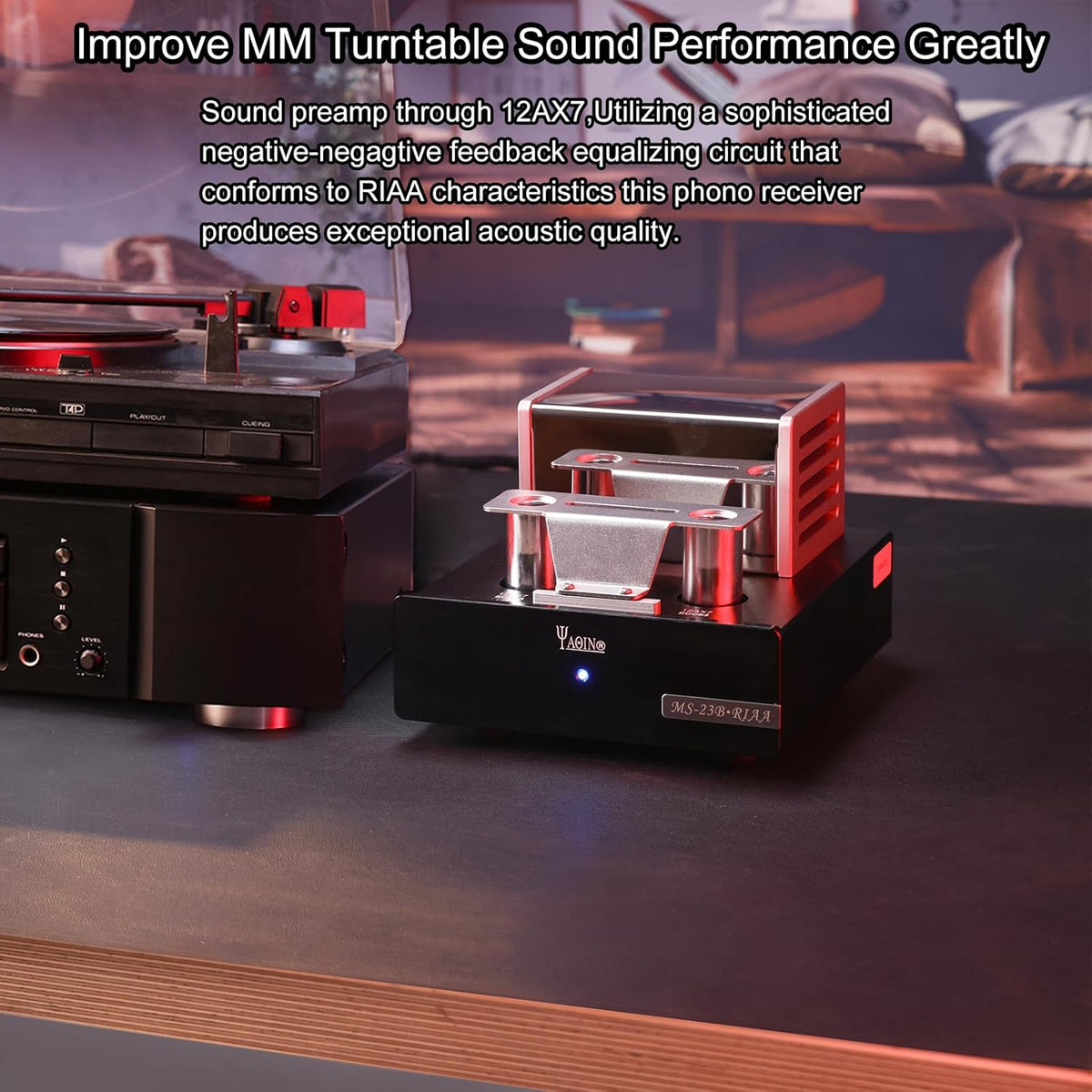 YAQIN MS-23B MM Phono buisversterker, platenspeler voorversterker met buisvoorversterker, compatibel met vinylplatenspelers (RIAA), met premium componenten voor superieure akoestische prestaties