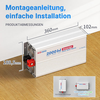 Redodo Pure Sine Wave omvormer, 2000 W, 2 V DC naar 230 V AC converter voor dames, camping, zonne-omvormer met 2 AC-uitgangen, monitoring-scherm met real-time statusweergave