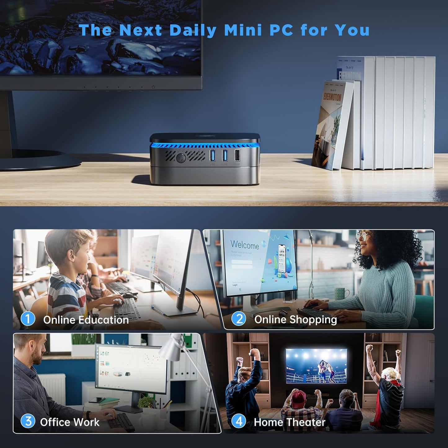 NiPoGi Mini-pc, Intel Alder Lake N95, 8 GB DDR4, 256 GB SSD, Micro Desktop Computer PC, 2,5 inch SSD/Gigabit Ethernet/WiFi 5/BT4.2/twee HDMI 4K UHD, kleine pc voor kantoor/school