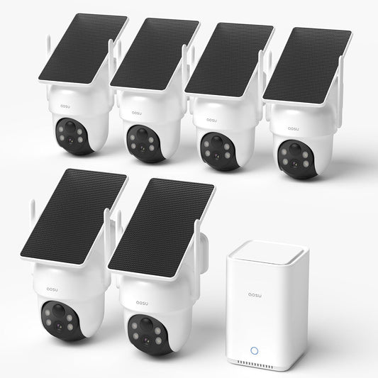aosu 3K Wifi-camera voor buiten, draadloos, kit met 6 camera's, HomeBase 2e generatie, tot 1TB (32 GB geïntegreerd), zonder abonnement, 360° PTZ auto-tracking AI persoon/voertuig nacht in kleur