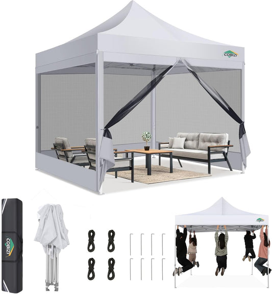 COBIZI Canopy Tent 10x10 Heavy Duty pop-up luifel met zijwanden waterdicht, eenvoudig op te zetten tuinhuisje met klamboe, outdoor mesh schermtenten voor feesten bruiloft feest met draagtas, wit