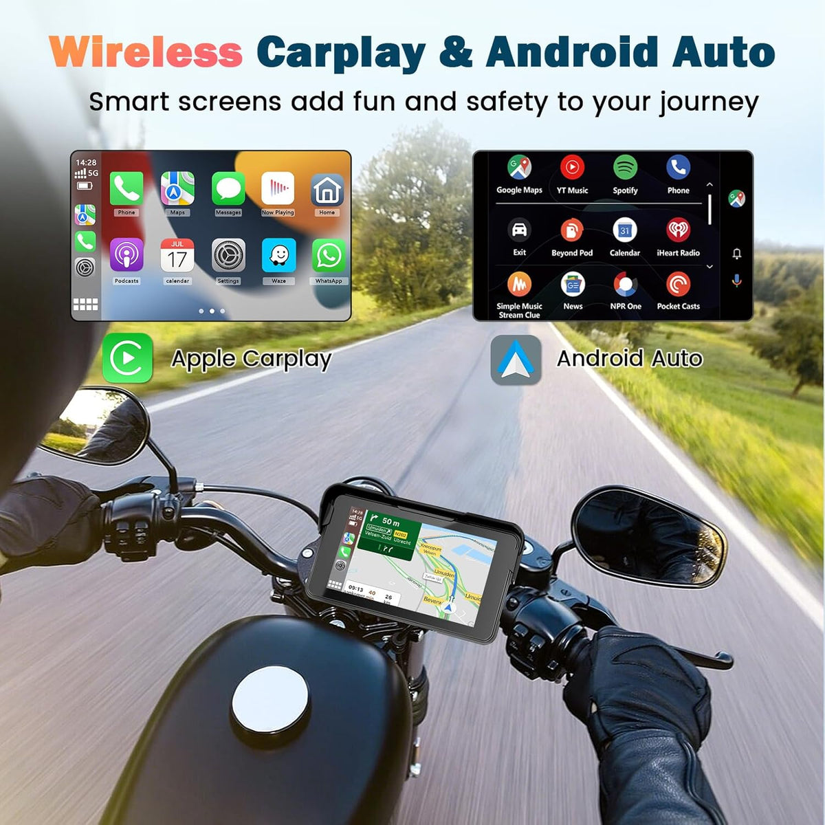 CarPlay Display Motorfiets – Motorfiets Navigatiesysteem – CarPlay Scherm – Android Auto Interface – Bluetooth Helmverbinding – 5 Inch HD Touchscreen – Waterdicht IP67