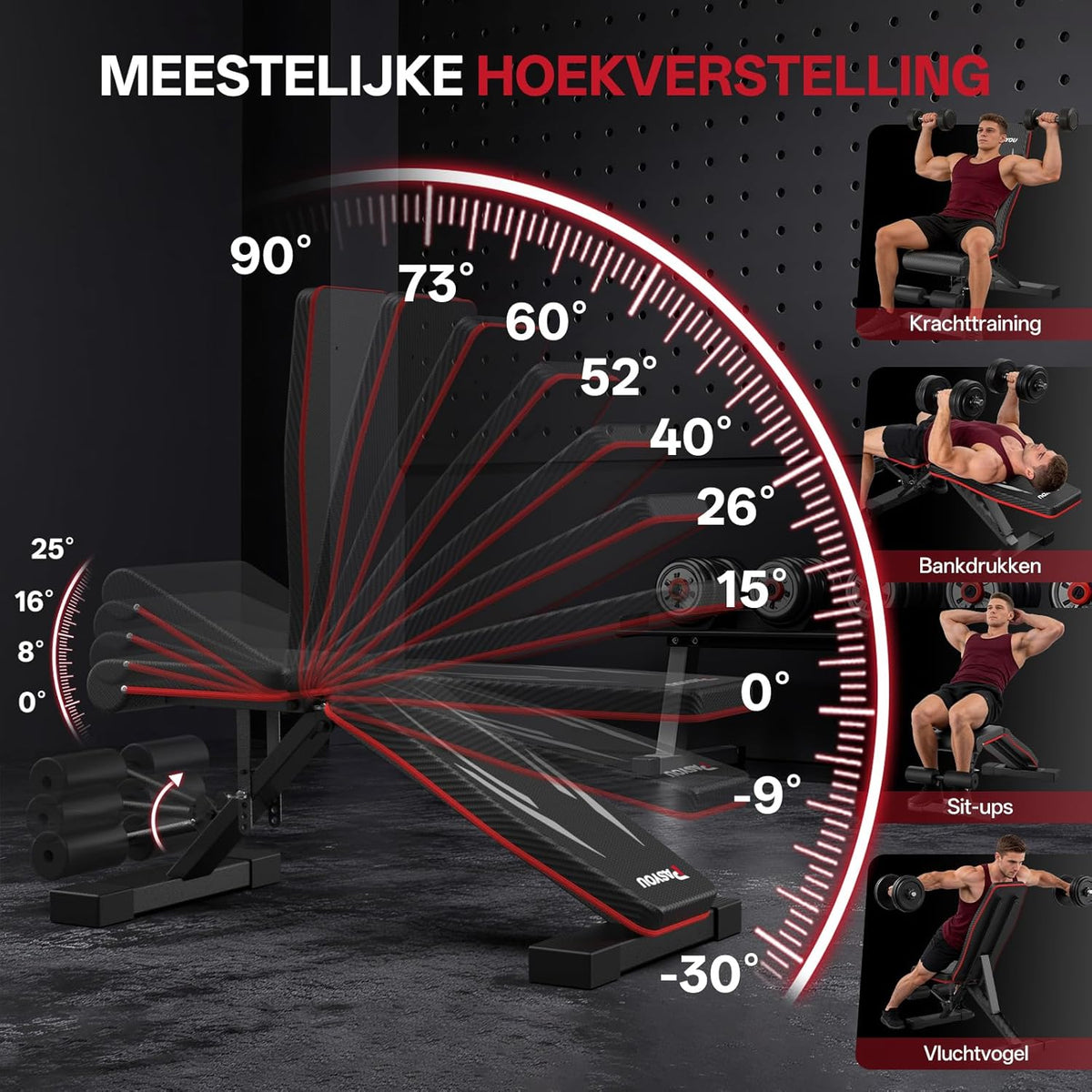 PASYOU Opvouwbare Halterbank, Belastbaarheid 300kg, Verstelbare Multifunctionele Fitnessbank voor Fullbody Training, Sportbank met Grepen voor Thuis en Sportschool (PA350)
