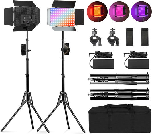 Soonpho 2 stuks videolicht, led, RGB, paneel met roosterdeur, 2500 – 8500 K, dimbaar, 20 W, fotografie, studiolicht, met 1,6 m statief en mobiele telefoonhouder voor video, YouTube Live