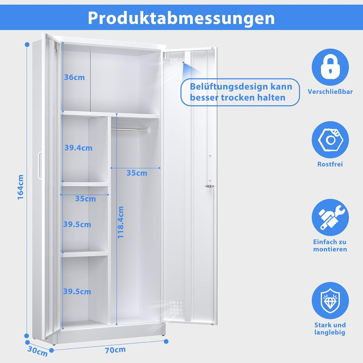Bestekkast met ventilatie en magneetsluiting, multifunctionele kast, stabiele stalen kast voor stofzuigers, schoonmaakmiddelen, wasgoed en huishoudelijke accessoires, 70 x 30 x 165 cm, wit