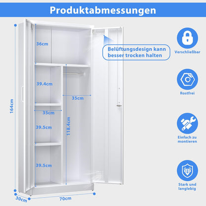Bestekkast met ventilatie en magneetsluiting, multifunctionele kast, stabiele stalen kast voor stofzuigers, schoonmaakmiddelen, wasgoed en huishoudelijke accessoires, 70 x 30 x 165 cm, wit
