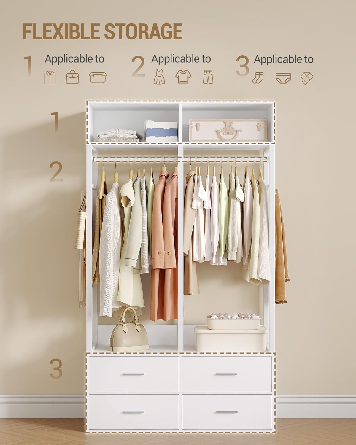 Hzuaneri Wardrobe,Open wardrobe,With 4 wooden drawers,Top storage compartment,Ironwood,Modern style,Suitable for bedrooms and dressing rooms, 39.4 x 16.9 x 72.8 inch, White BW06603W