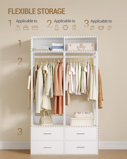 Hzuaneri Wardrobe,Open wardrobe,With 4 wooden drawers,Top storage compartment,Ironwood,Modern style,Suitable for bedrooms and dressing rooms, 39.4 x 16.9 x 72.8 inch, White BW06603W