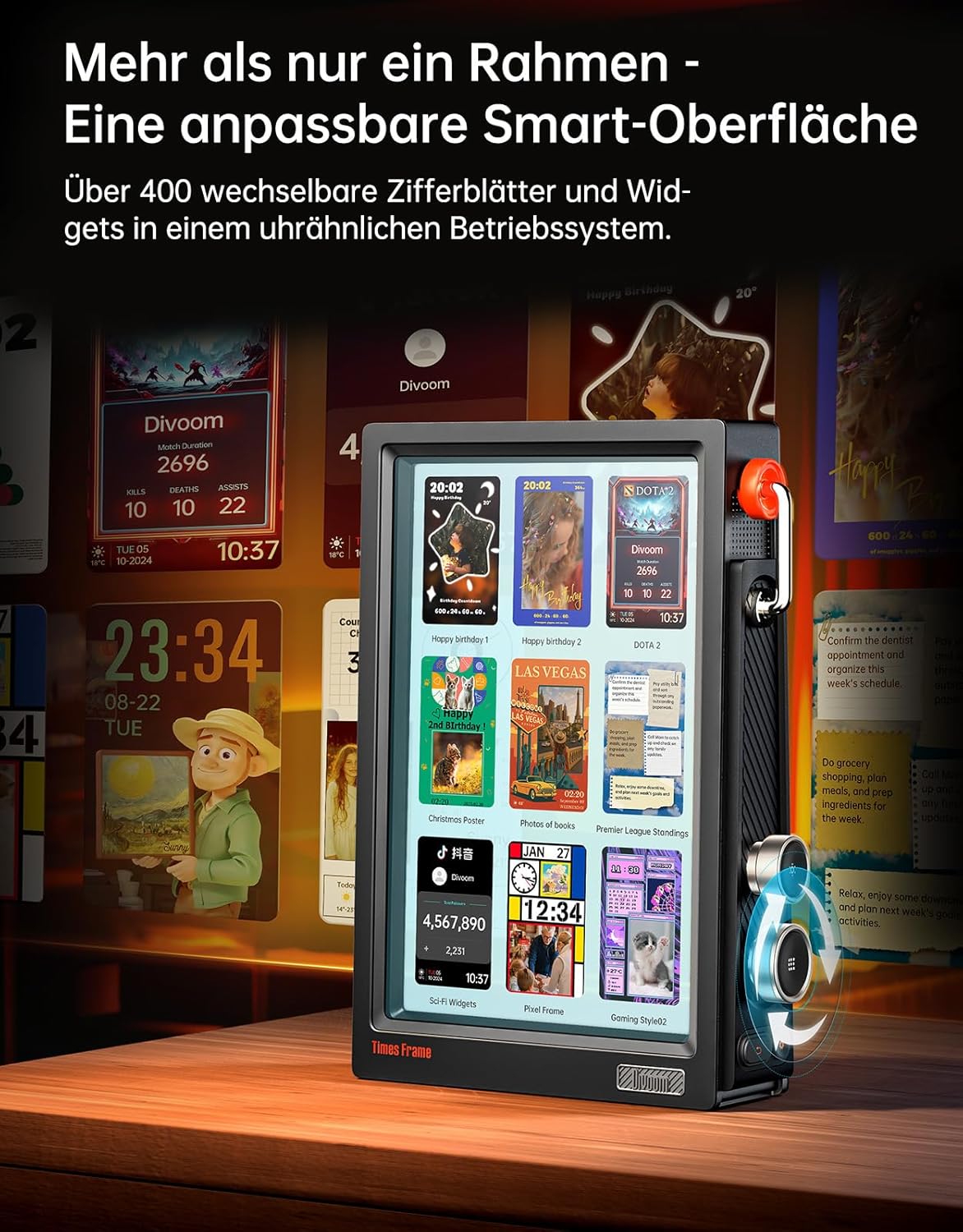 Divoom Times Frame Transparante digitale fotolijst (10,1 inch) met wifi en 64 GB, IPS-display met zwevend effect en RGB-draaiknop, 400+ wijzerplaten, widgets en pixel-art community (zwart)