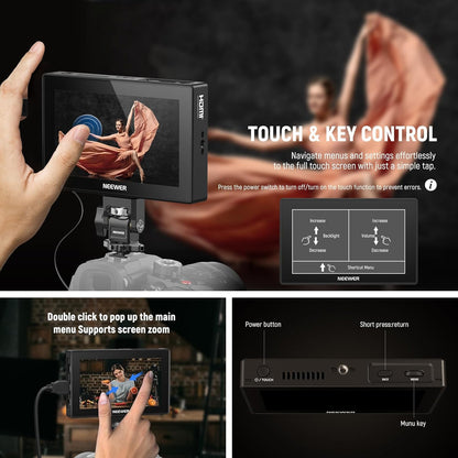 NEEWER 5,5 inch monitor camera, touchscreen IPS HD 1920x1080 1575nit, Loop in/out HDMI 4K met LUT 3D Peak Focus DSLR Video Assist HDR Waveform, batterij F750 5200mAh, DC7-24V/Type C 5V In, F500 PRO