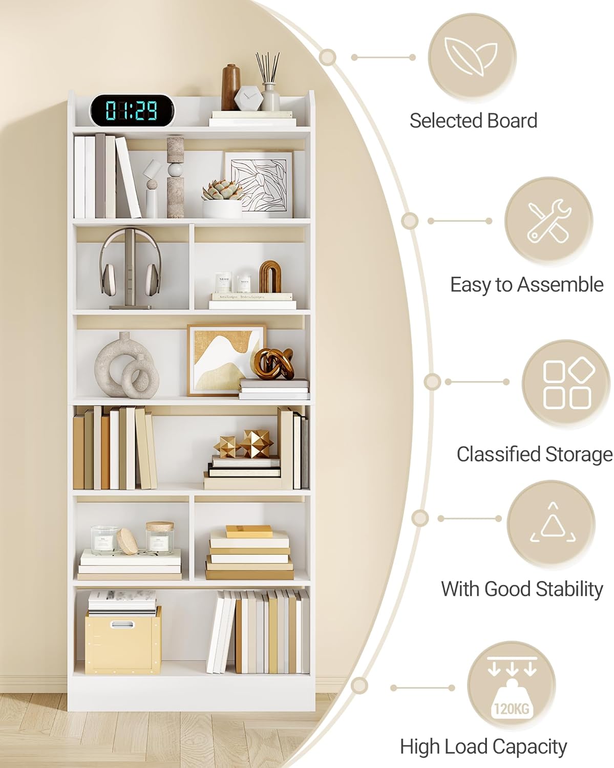 Hzuaneri Bookcase and Bookshelf with 7 Layers, Freestanding Display Organizer with 8 Divided Sections, for Home Office, Living Room and Bedroom, 24 x 60 x 199cm, White, BC11703X