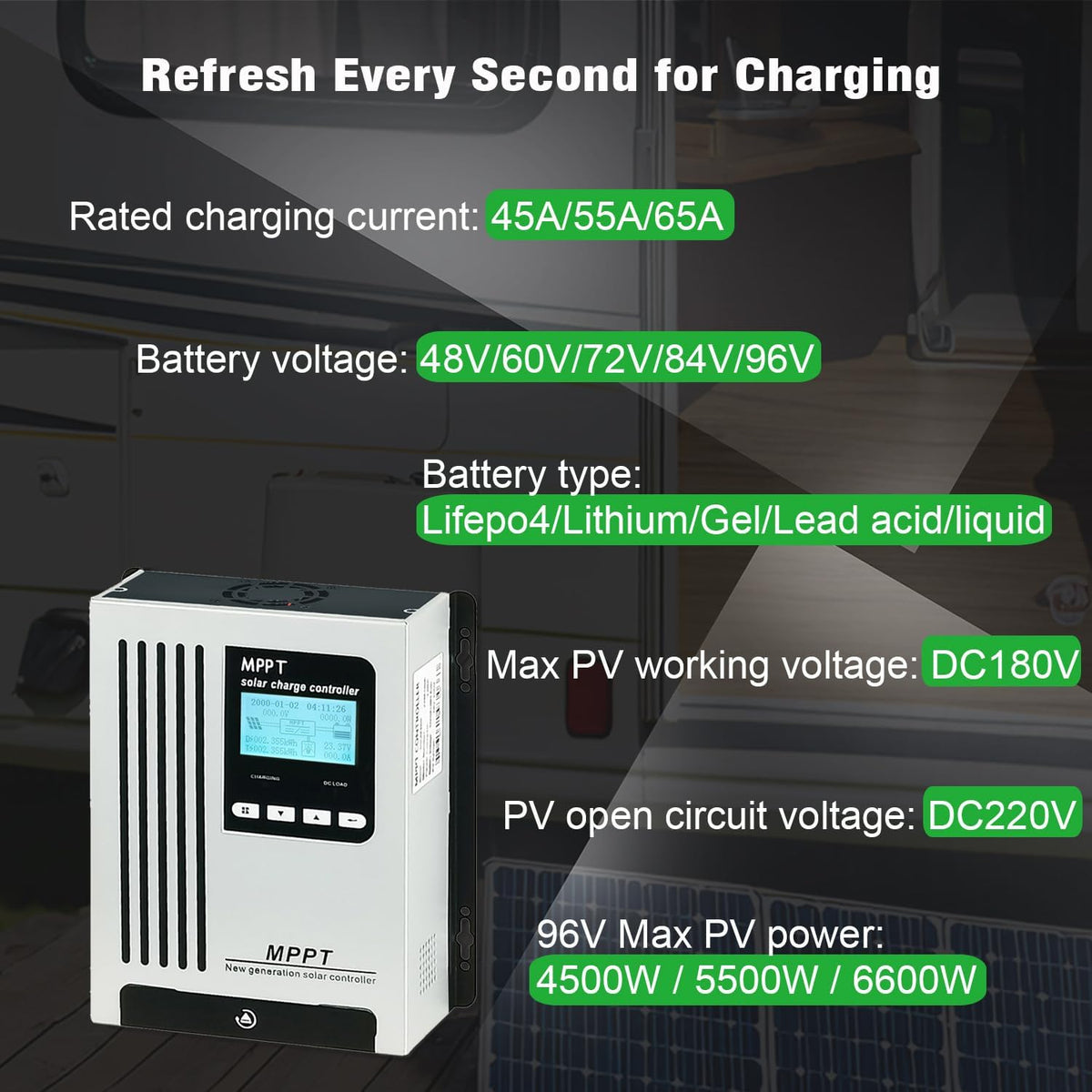 96V 65A MPPT zonnelader 48V 60V 72V Auto Wake Up Dead Battery DC180V PV-ingang 6600W voor off-gird zonnestelsel Verzegelde gel AGM overstroomde lithiumbatterij