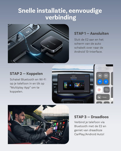Draadloze CarPlay Adapter – Android Auto Interface – Auto Multimedia Systeem – Smart Car Hub – Android 13 Besturingssysteem – 4GB RAM & 64GB Opslag – Netflix en YouTube Streaming – WiFi & 4G SIM Connectivity