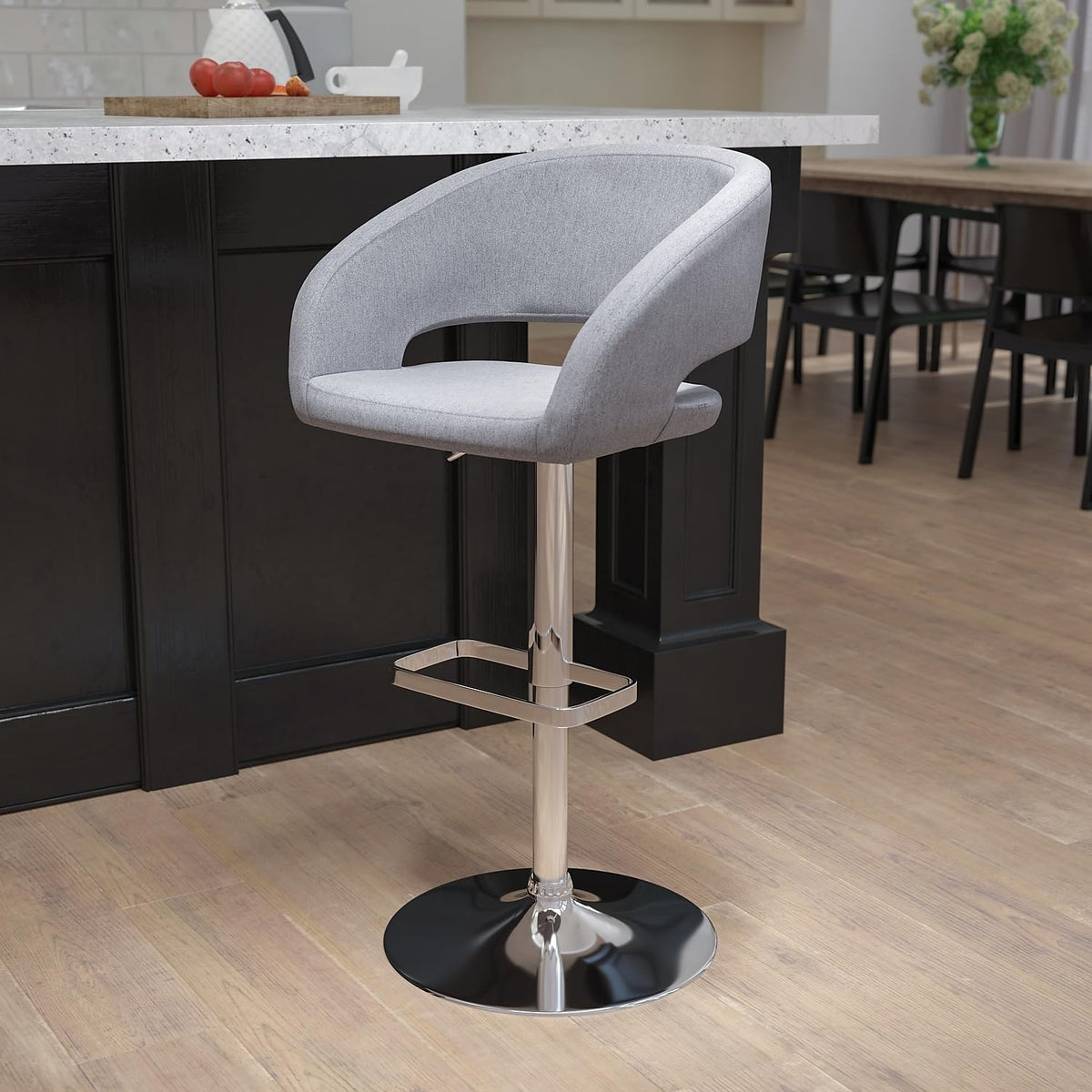 Flash Furniture Barkruk, modern, grijze stof, in hoogte verstelbaar, met afgeronde middelhoge rugleuning en chromen basis, 107 x 53 x 52 cm