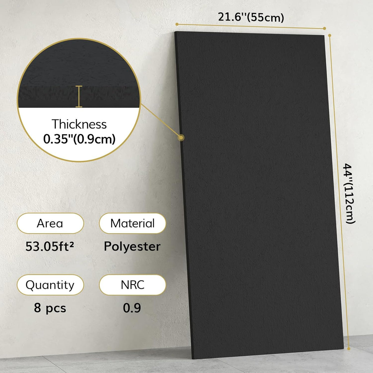 TONOR Grote akoestische panelen, zelfklevend, 112 x 55 cm, geluidsisolatieplaten, akoestische platen voor wandbekleding, akoestische behandeling en wanddecoratie, studio, huis, kantoor, zwart