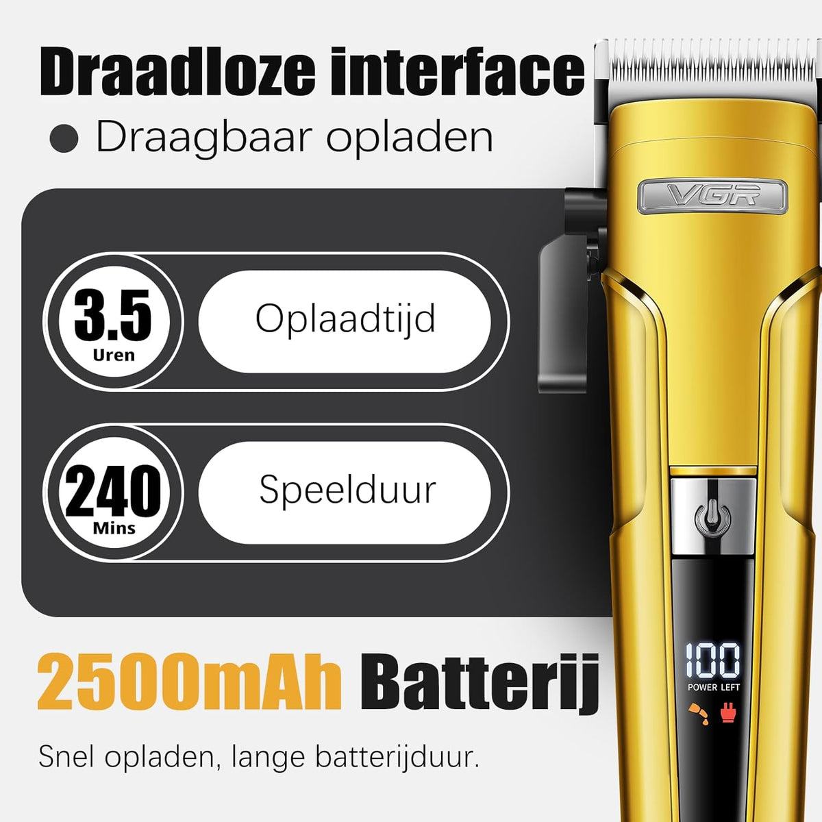 VGR 694 Professionele Tondeuseset, Draadloze Tondeuse voor Mannen, Trimmer en Scheerapparaatset met Magnetisch Laadstation, Kappersset met Keramisch Koolstofstalen Mes en LED Display, Goud