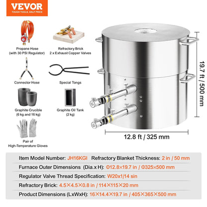 VEVOR Set van smeltoven met propaangas, inhoud 16 kg, maximale temperatuur 1370 °C, oven van roestvrij staal voor metaalsmeden en smeltoven, set met 2 propaanbranders