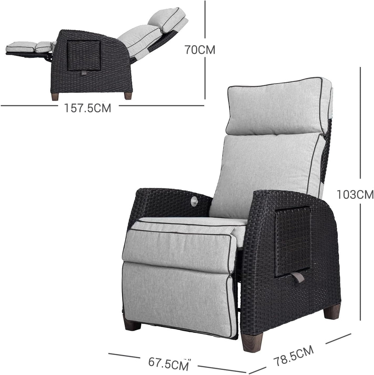 Grand patio Sun lounger with cushion, armrests, aluminium frame, adjustable backrest, rattan, indoor and outdoor use, cream cushion and grey rattan - QUORE