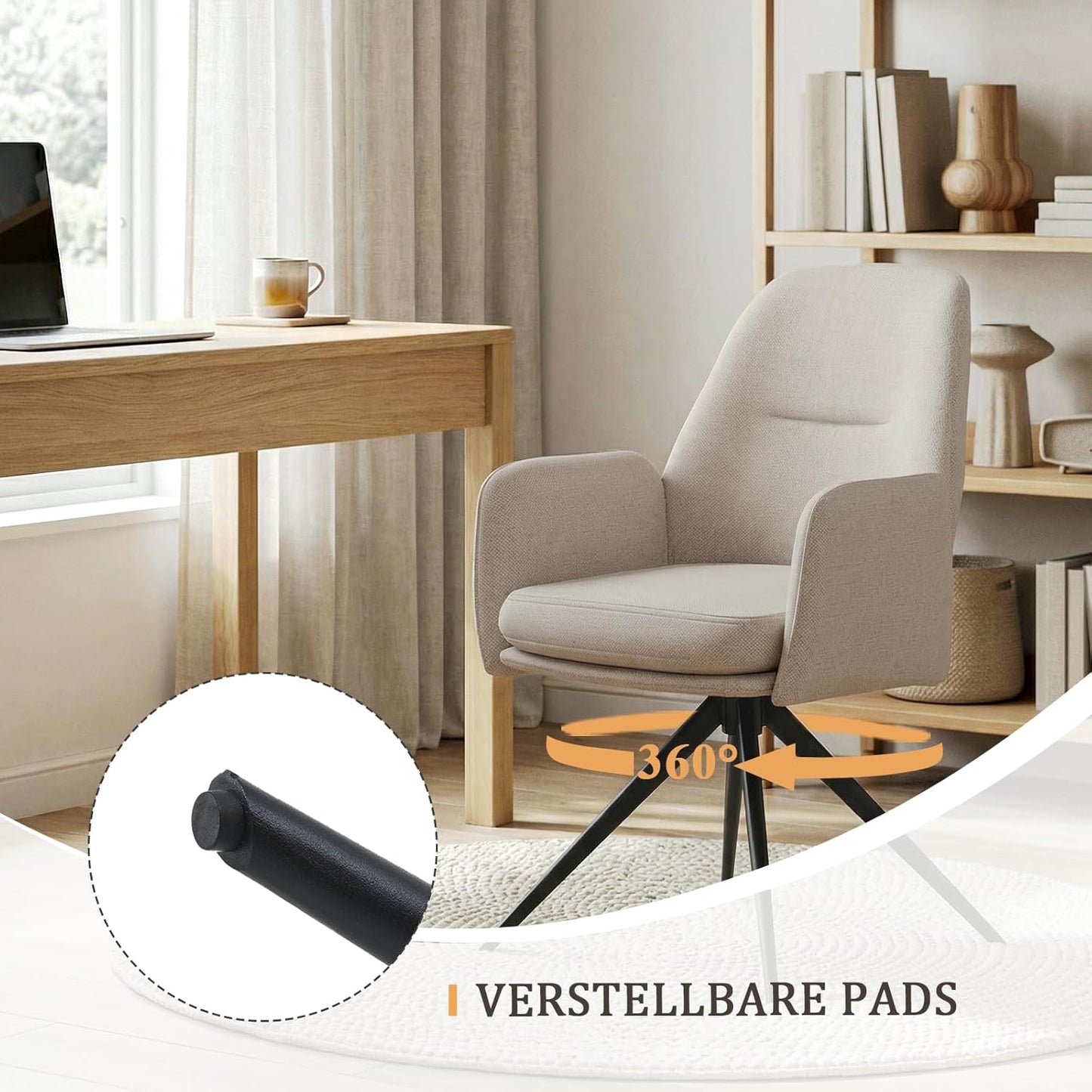 1 Draaibare Eetkamerstoelen 360° van Linnen met Armleuningen, Hoge Rugleuning en Dikke Gevulde Zitting, Beige