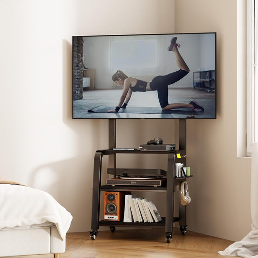 TV-vloerstandaard voor 32 tot 65 inch LED/LCD/OLED-tv's, rollende tv-kar met 3-laags mediaplank, 3 niveaus in hoogte verstelbaar ontwerp, houdt 110 lbs, max. VESA 600 x 400 mm