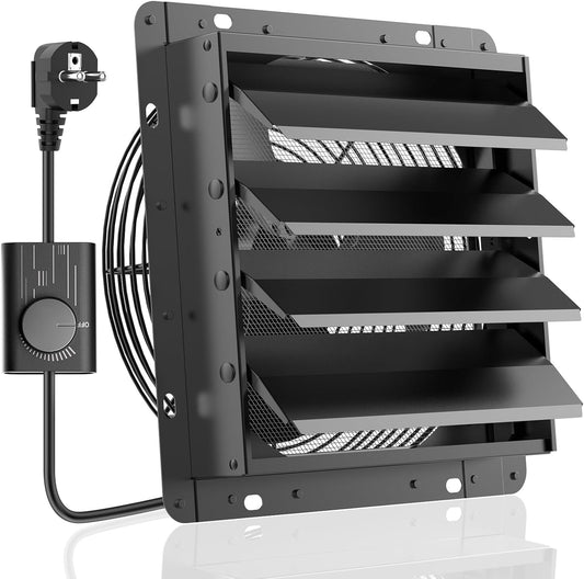 HG Power Afvoerluchtventilator met toerentalregelaar, industriële wandventilator, 1500 m³/uur, regelbaar, met gaaszeef, aluminium raamventilator met EU-stekker voor kelder, garage, keuken, lamellen