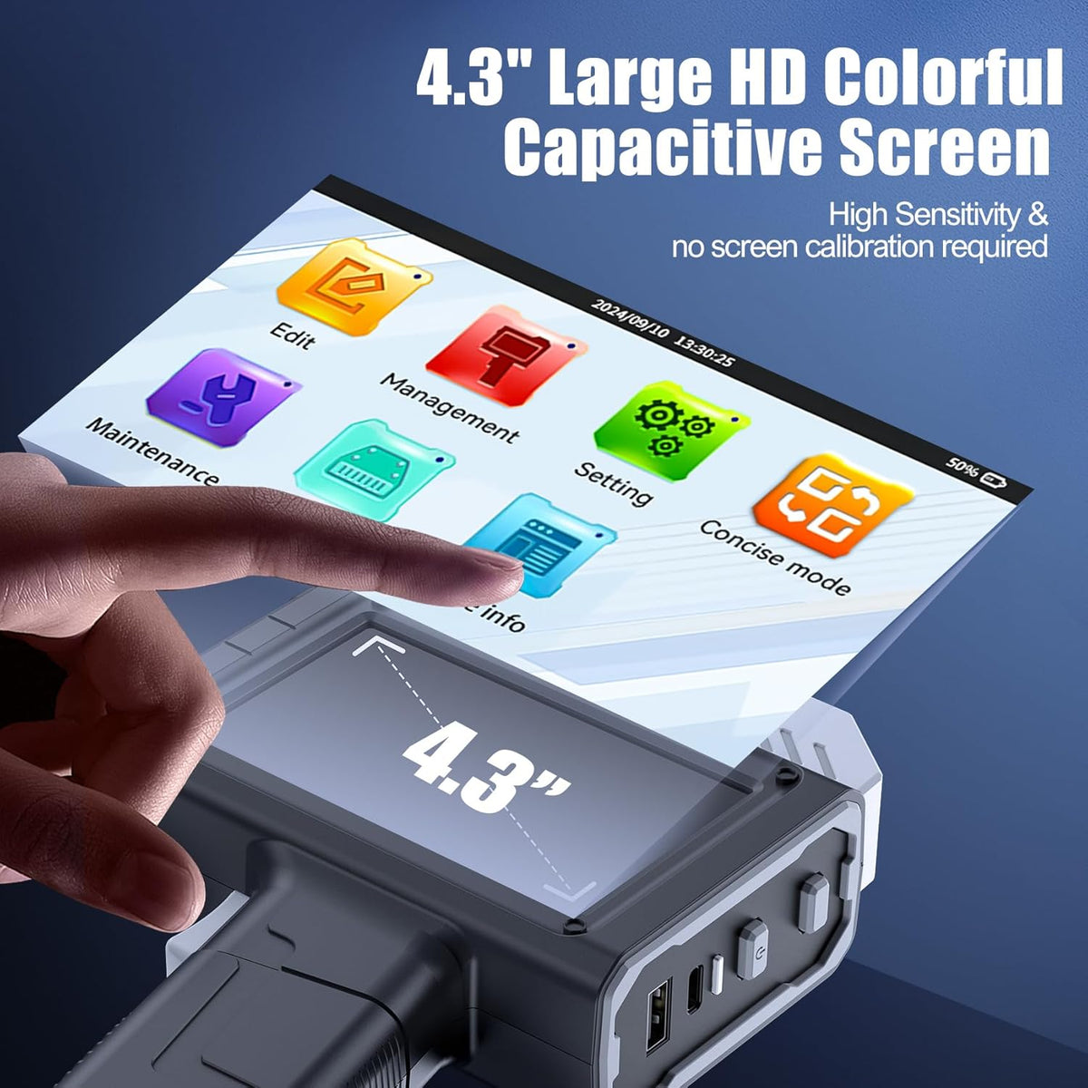 Handbediende inkjetprinter – Handprinter, draagbare inkjetprinter, codeprinter, inkjetcoderingsmachine – 25,4 mm afdrukhoogte met 4,3 inch HD touchscreen – 300 DPI en sneldrogende inkt met sterke hechting