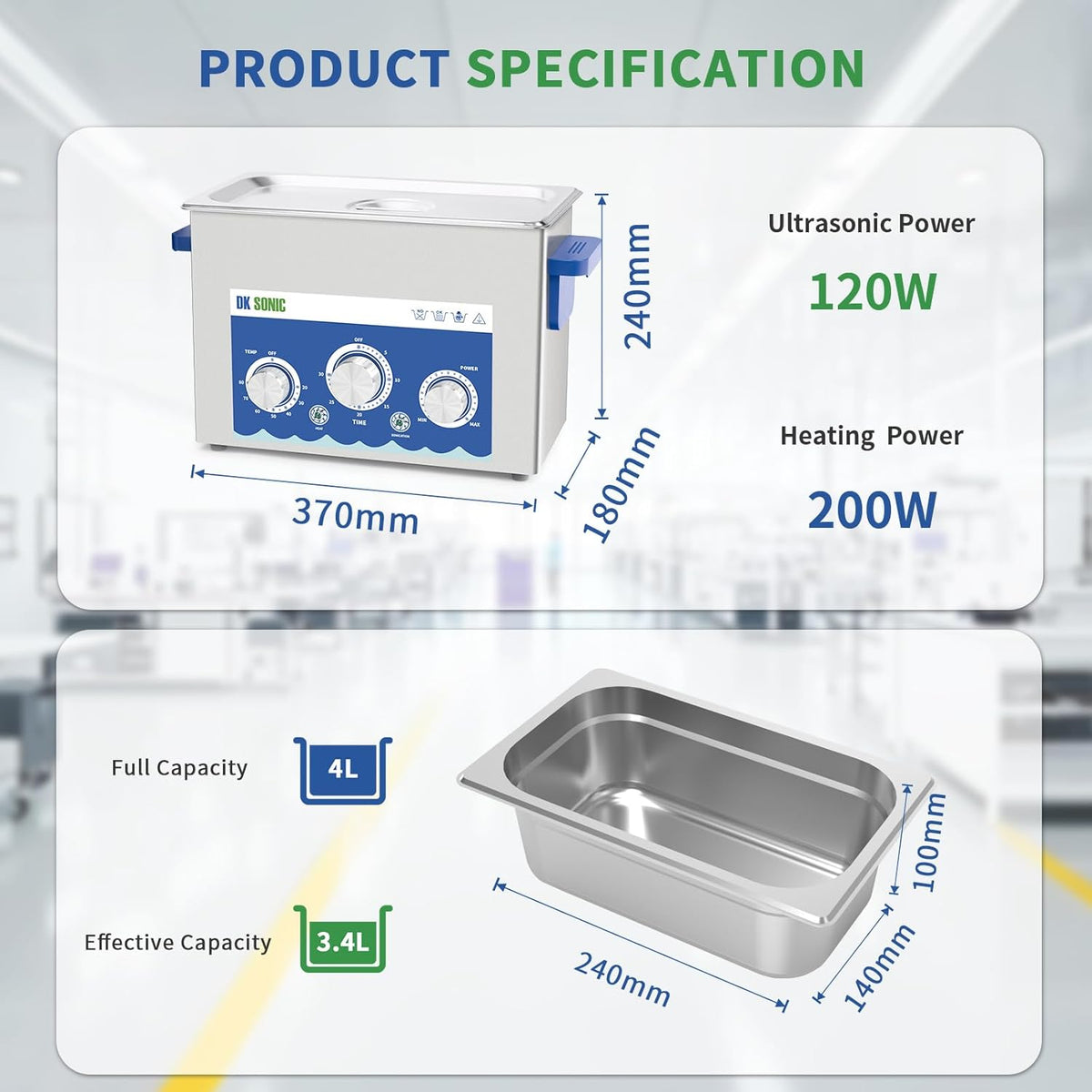 DK SONIC Industriële Ultrasone Reiniger, 4L, 120W, Ultrasone Sieradenreiniger met Instelbare Functie, Timer en Verwarming voor Munten, Brillen, Halskettingen, Horloges (Inclusief Mand)