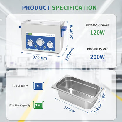 DK SONIC Industriële Ultrasone Reiniger, 4L, 120W, Ultrasone Sieradenreiniger met Instelbare Functie, Timer en Verwarming voor Munten, Brillen, Halskettingen, Horloges (Inclusief Mand)