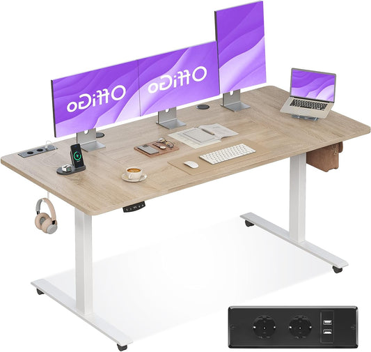 OffiGo Height Adjustable Desk, 160cm Electric Desk with USB, Adjustable Desk with 2 Memory Functions, Desk for Office, Home, Gaming, Beige - QUORE