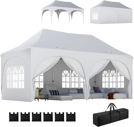 Outsunny partytent 3x6m waterdicht in hoogte verstelbaar pop-up partytent met puntdak, afvoergaten, zijwanden, UV-bescherming 30+, opvouwbaar feesttent tuinpaviljoen voor tuin of festival, wit - QUORE
