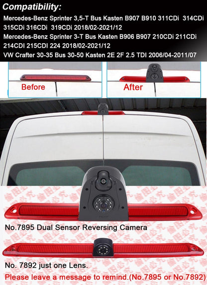 Super dubbele lens: Auto HD achteruitrijcamera remlicht achteruitrijsysteem in 3e remlicht met achteruitrijcamera voor Mercedes-Benz Sprinter B907 B910 311CDi 314/315/316/319CDi (met 7 inch