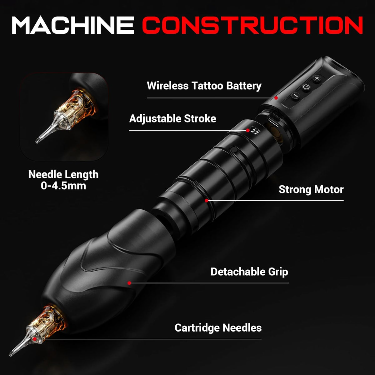 CNC Draadloze tattoo-machine met 7 verstelbare slagen (2,7-4,5 mm), 3800 mAh dubbele batterijen, roterende tattoo-pen kernloze motor voor tattoo-artiestlevering CNC-M2-E402-1