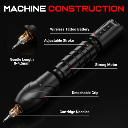 CNC Draadloze tattoo-machine met 7 verstelbare slagen (2,7-4,5 mm), 3800 mAh dubbele batterijen, roterende tattoo-pen kernloze motor voor tattoo-artiestlevering CNC-M2-E402-1