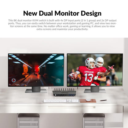 AV Access KVM-switch 2 computers 2 monitors DisplayPort 8K@60Hz 4K@165hz/144hz, DP KVM-switch dubbele monitoren met USB 3.0-poorten, audio uit IR-afstandsbediening, met alle kabels