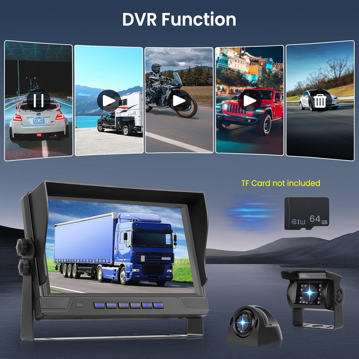 Hodozzy 4 Rear Cameras for 9 Inch 4-Piece Display, Reversing Camera Cable, Walk Recording, IR Night Vision, IP68 Waterproof, for Truck/Trailer (12V-36V) - QUORE