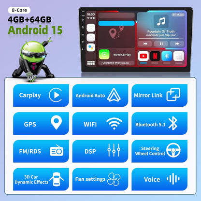 4G+64G 8-Kern Qualcomm Android 15 autoradio voor Hyundai IX35 2010-2015 met Navi Carplay Android Auto, 9 inch 2Din-autoscherm met GPS WIFI Bluetooth FM/RDS Radio DSP SWC Camera+MIC